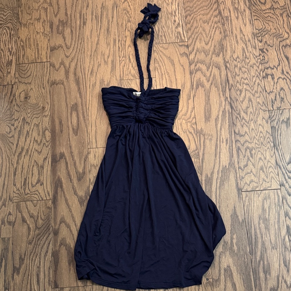 Navy Blue Halter Dress with Flower Detail